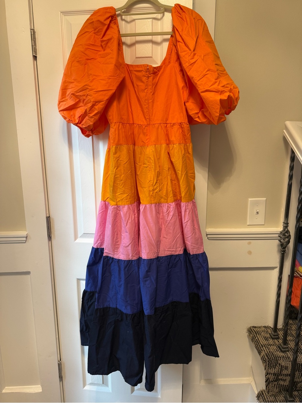 Farm Rio Colorblock Tiered Balloon Sleeve Maxi Dress L Pink Orange Purple Navy - Picture 5 of 6